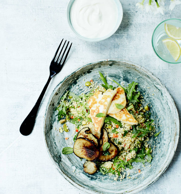 Halloumi and aubergine with minted couscous recipe Sainsbury`s Magazine